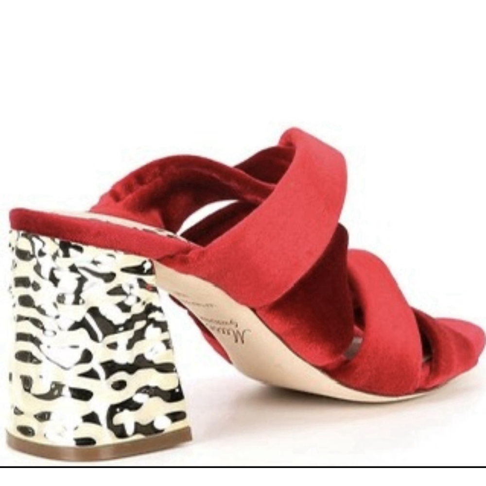 Muse Marchesa Iris Red Velvet Heels Sz 9 Knotted Slide Sandals Gold Block NWT